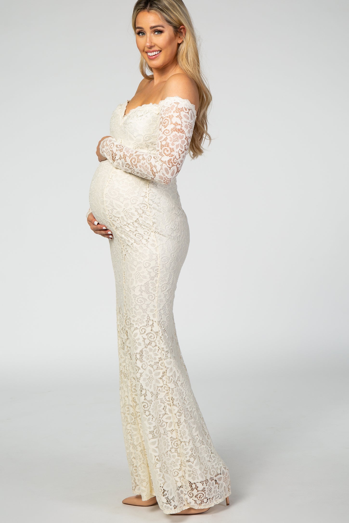 PinkBlush Beige Lace Off Shoulder Long Sleeve Maternity Maxi Dress