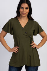 PinkBlush Olive Short Sleeve Button Accent Wrap Nursing Top