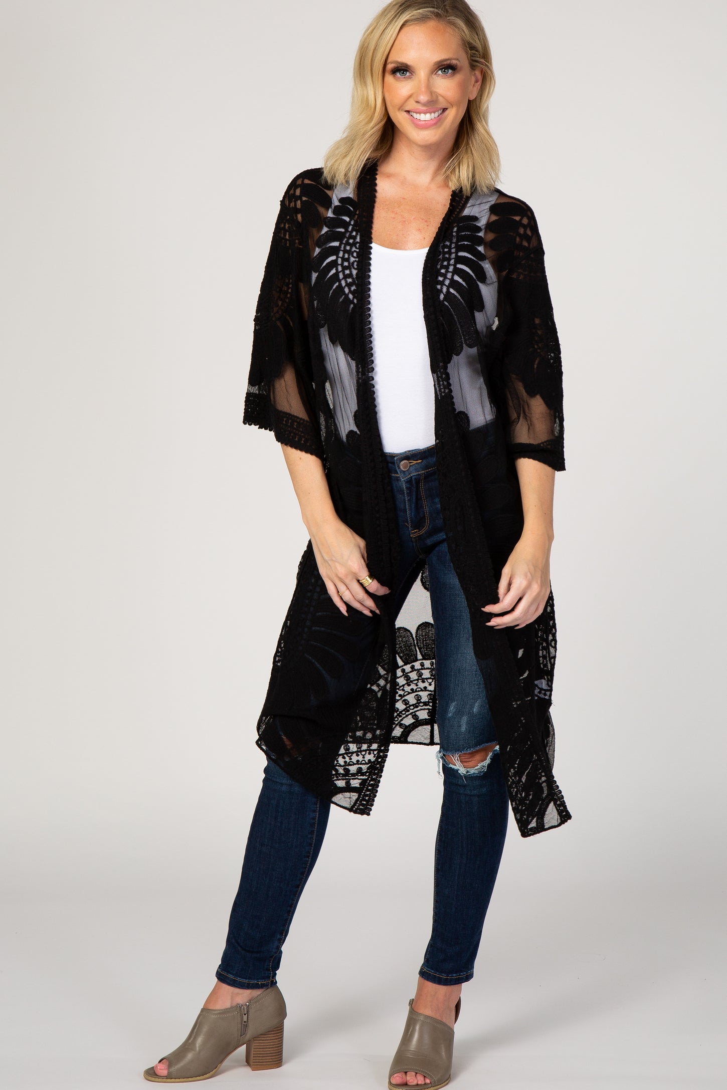 Black Lace Mesh 3/4 Sleeve Cover Up