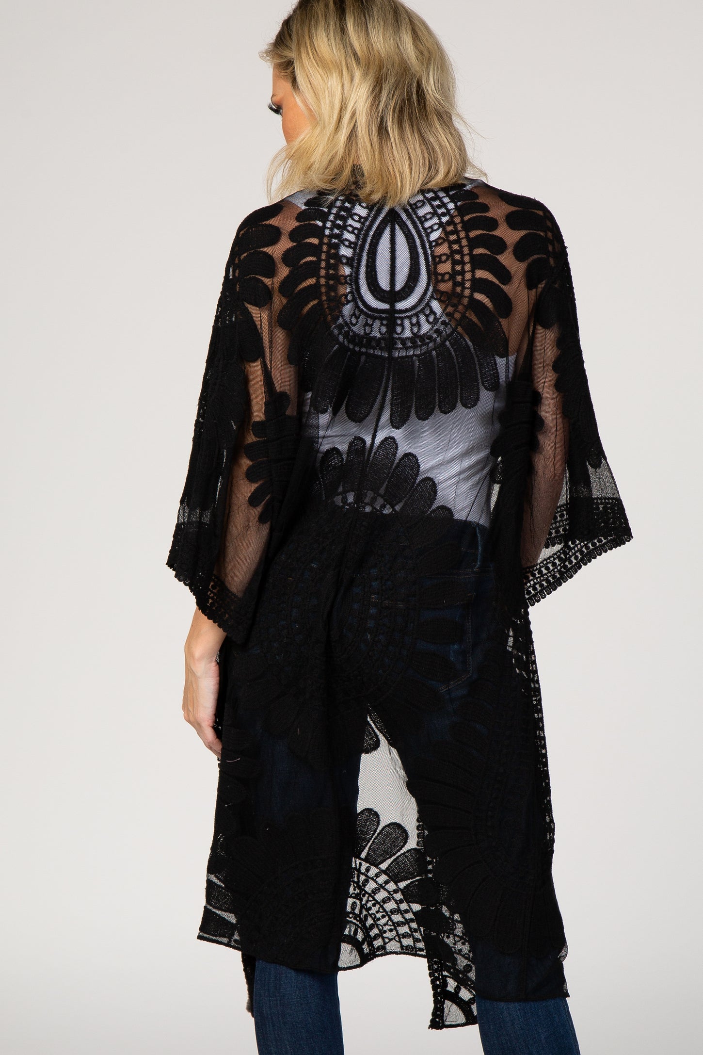 Black Lace Mesh 3/4 Sleeve Cover Up
