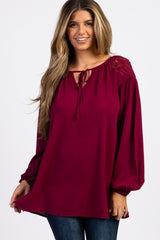 Burgundy Embroidered Puff Sleeve Maternity Blouse