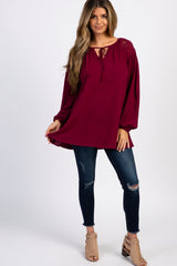 Burgundy Embroidered Puff Sleeve Blouse