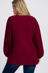 Burgundy Embroidered Puff Sleeve Maternity Blouse