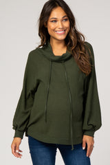 Olive Green Waffle Knit Wide Funnel Neck Maternity Top