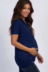 PinkBlush Navy Pleated Wrap Accent Maternity/Nursing Top