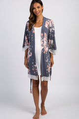 PinkBlush Navy Floral Lace Trim Maternity Robe