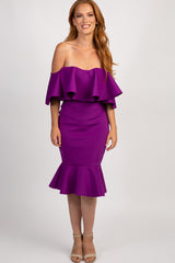 Purple Off Shoulder Ruffle Fitted Midi Dress