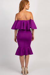 Purple Off Shoulder Ruffle Fitted Midi Dress