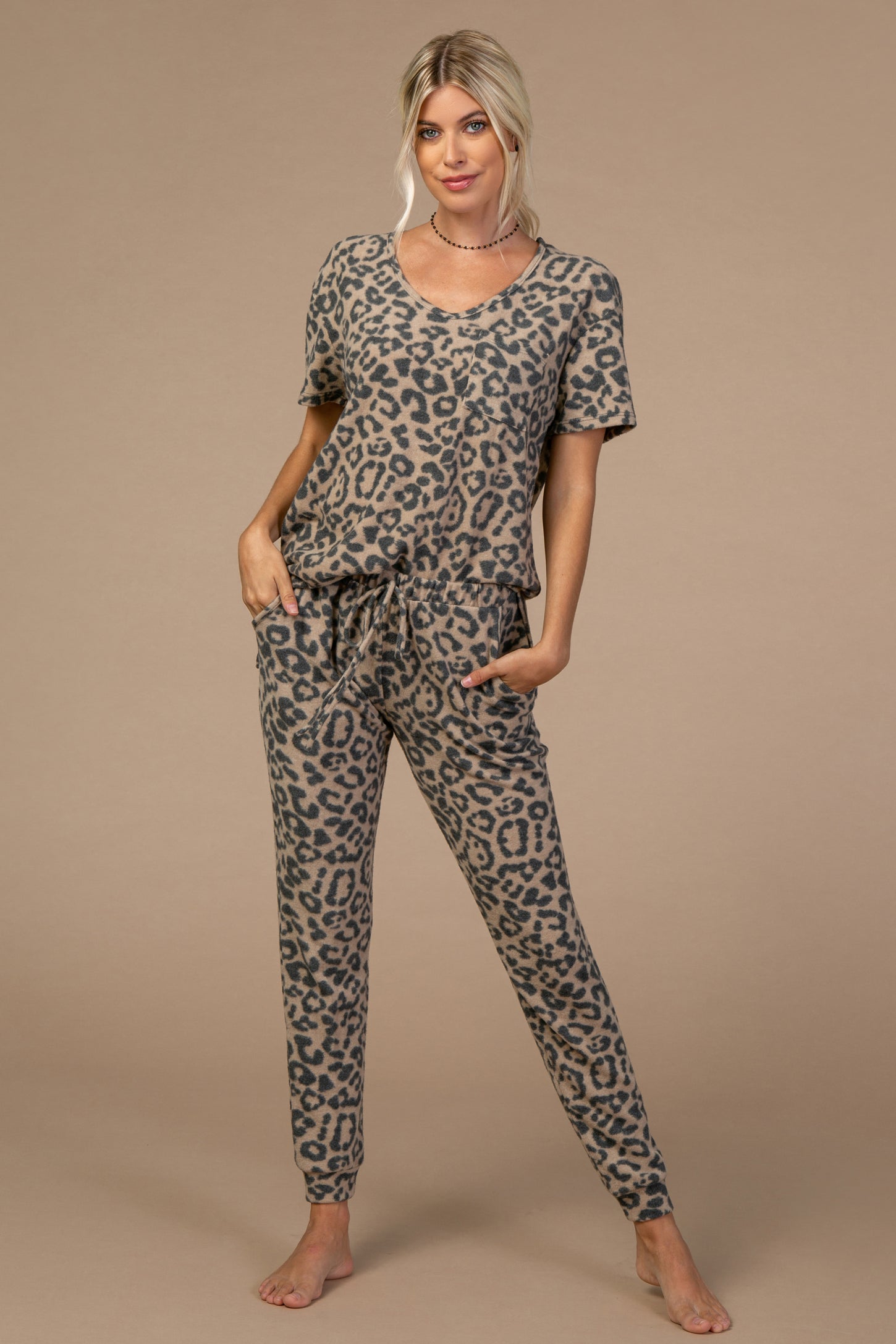 PinkBlush Camel Leopard Pocket Front Maternity Pajama Set