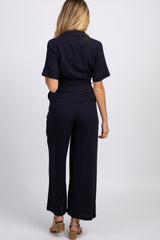 Navy Short Sleeve Collared Utility Maternity Jumpsuit