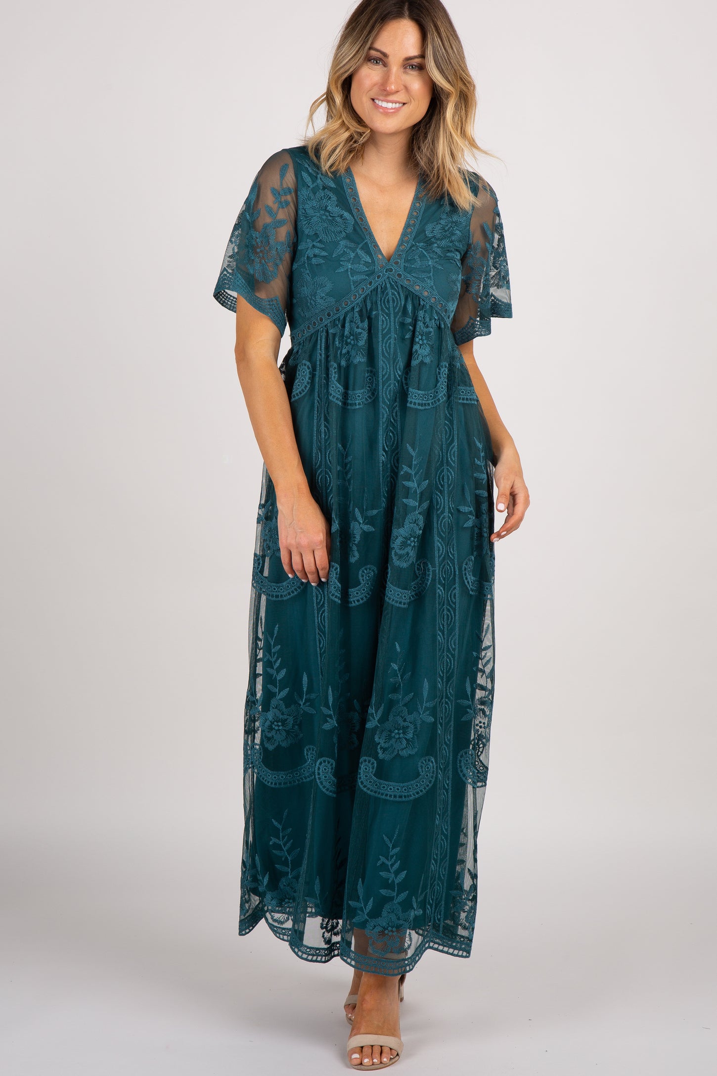 Dark Turquoise Lace Mesh Overlay Maternity Maxi Dress