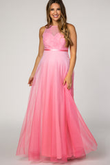 Pink Tulle Ombre Mesh Maternity Evening Gown