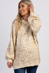 Taupe Leopard Knit Puff Sleeve Maternity Sweater