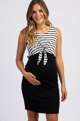 Black Striped Layered Tie Front Maternity Dress
