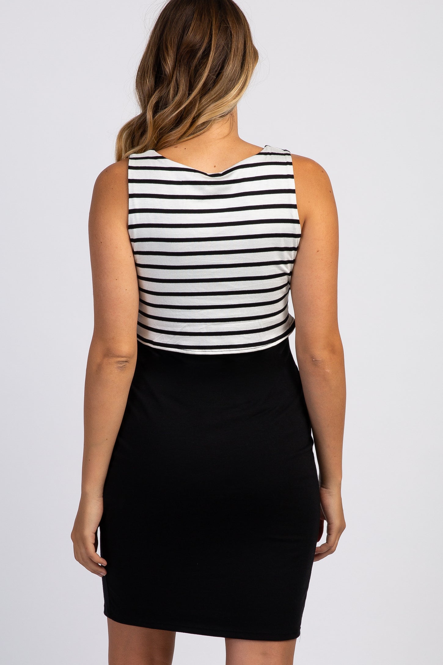 Black Striped Layered Tie Front Maternity Dress