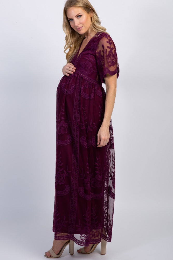 PinkBlush Deep Burgundy Lace Mesh Overlay Maternity Maxi Dress