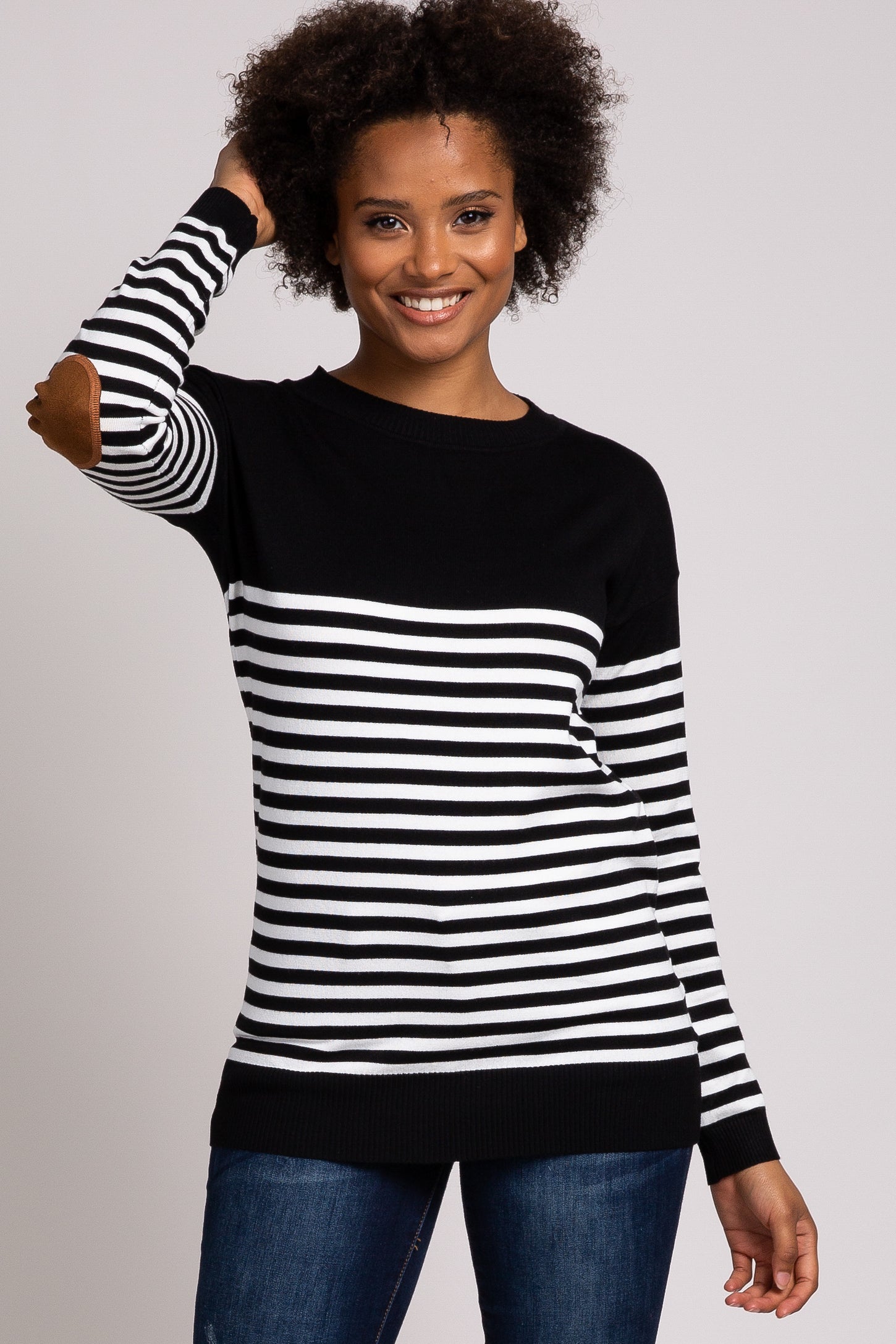 PinkBlush Black Striped Elbow Patch Knit Sweater