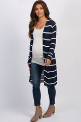 Navy Striped Knit Long Maternity Cardigan