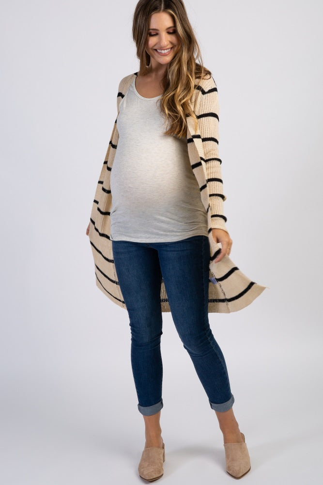 Beige Striped Knit Long Maternity Cardigan