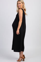 Black Sleeveless Button Front Cropped Maternity Jumpsuit