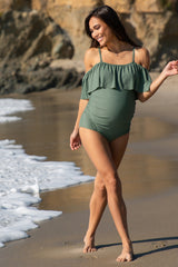 PinkBlush Olive Ruffle Trim Ruched One-Piece Maternity Swimsuit
