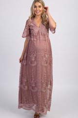 Dark Mauve Lace Mesh Overlay Maternity Maxi Dress