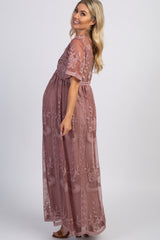 Dark Mauve Lace Mesh Overlay Maternity Maxi Dress