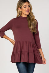 Burgundy Tiered Mock Neck Maternity Top