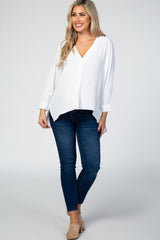 White Solid V-Neck 3/4 Sleeve Maternity Top