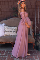 Mauve Lace Off Shoulder Maternity Evening Gown