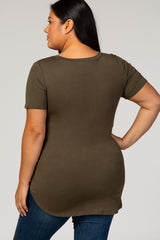 Olive Solid V-Neck Short Sleeve Plus Maternity Top