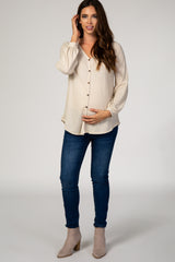 Beige Waffle Knit Button Front Maternity Top