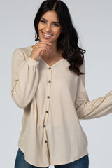 Beige Waffle Knit Button Front Maternity Top