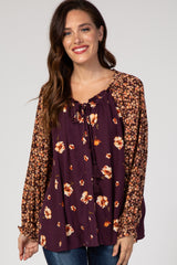 Plum Floral Tie Front Puff Sleeve Blouse