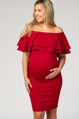 Red Ruffle Off Shoulder Ruched Maternity Dress