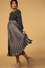 Charcoal Shiny Pleated Midi Maternity Skirt