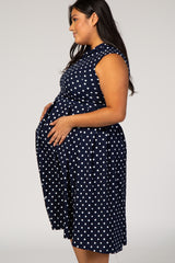 Navy Polka Dot Pleated Maternity Plus Dress