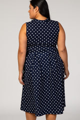 Navy Polka Dot Pleated Maternity Plus Dress