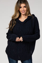 Navy Hooded Cable Knit Sweater