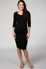 Black 3/4 Sleeve Scoop Neck Fitted Maternity Dress