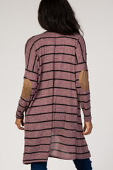 Mauve Striped Suede Elbow Patch Maternity Cardigan