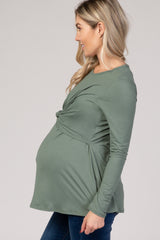 PinkBlush Olive Front Knot Long Sleeve Maternity Nursing Top