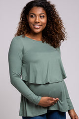PinkBlush Olive Front Knot Long Sleeve Maternity Nursing Top