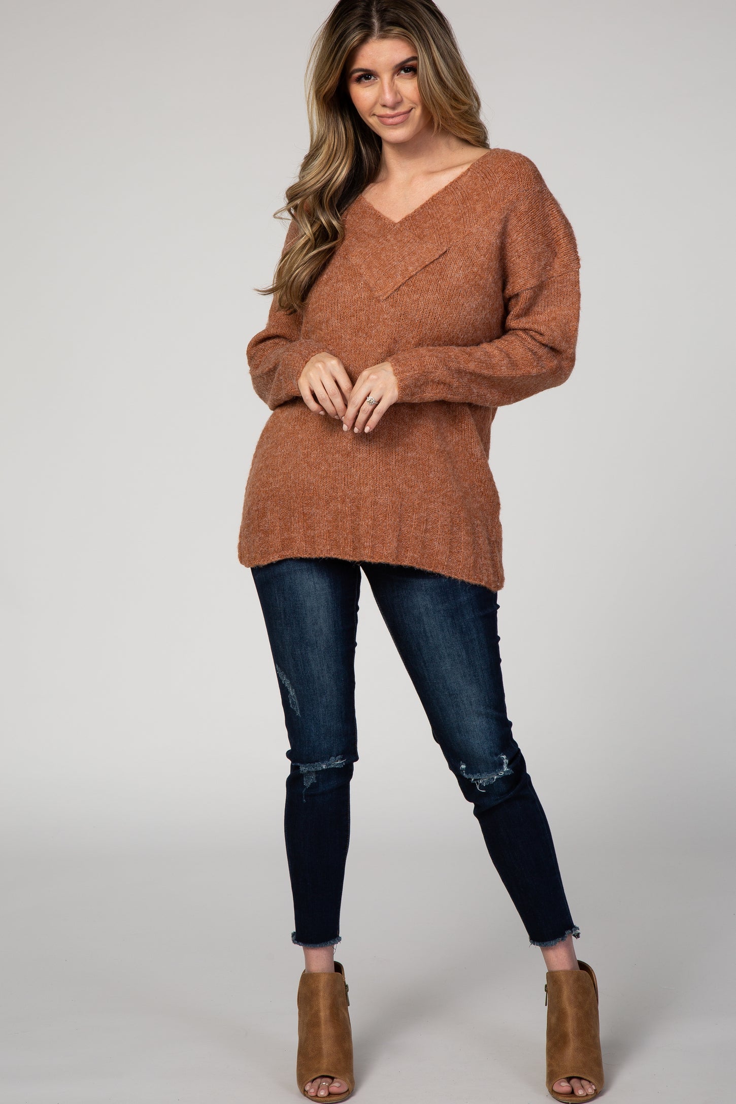 Rust Solid V-Neck Sweater