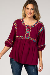 Burgundy Floral Embroidered 3/4 Puff Sleeve Top