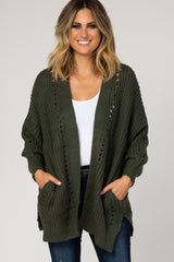 Olive Knit Open Front Bubble Sleeve Sweater