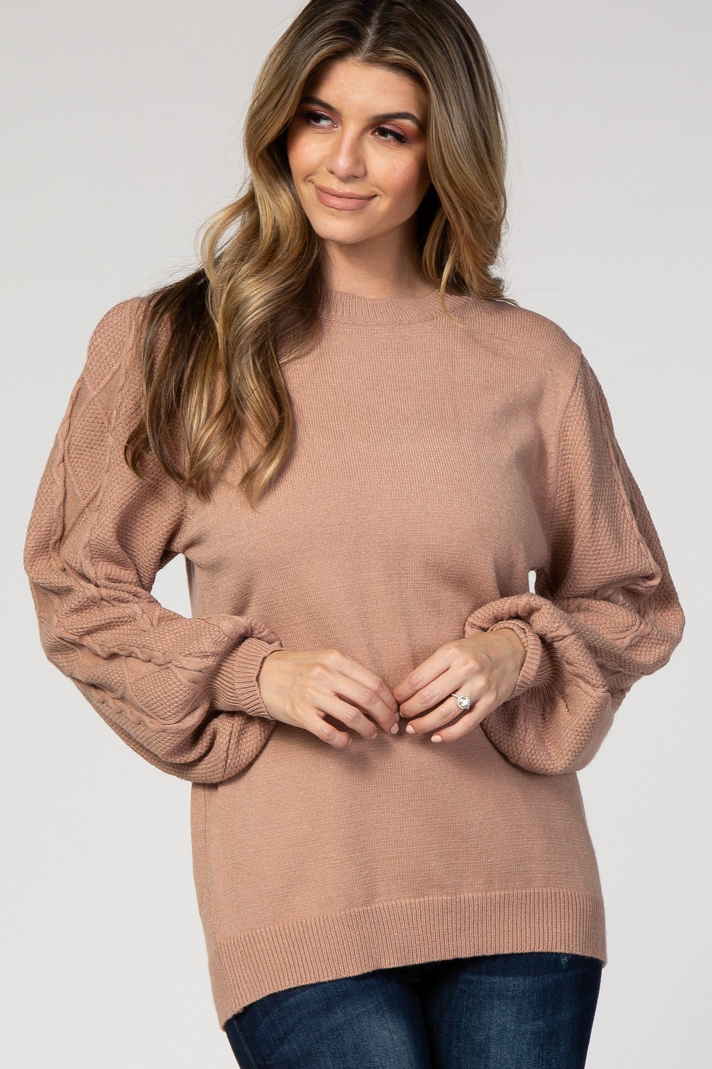 Taupe Cable Knit Sleeve Maternity Sweater