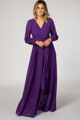 Purple Chiffon Long Sleeve Pleated Maternity Maxi Dress