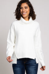 Ivory Turtleneck Hi-Low Side Slit Knit Maternity Sweater