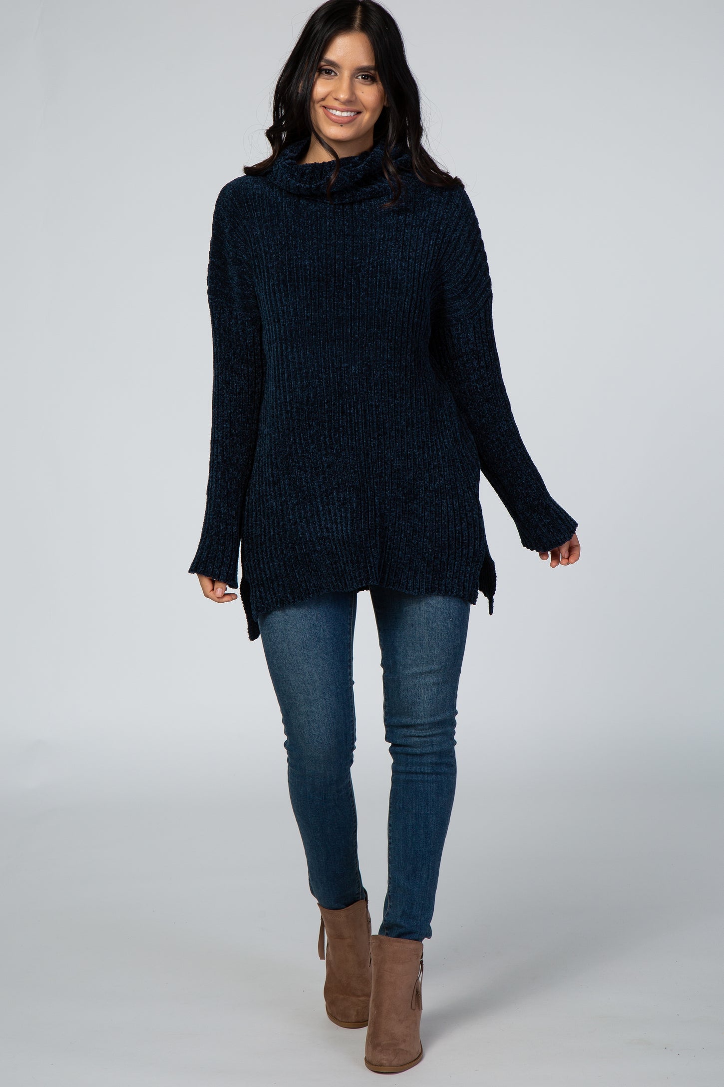 Navy Blue Ribbed Chenille Turtleneck Sweater